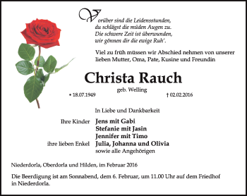 Traueranzeige von Christa Rauch von Thüringer Allgemeine, Thüringische Landeszeitung