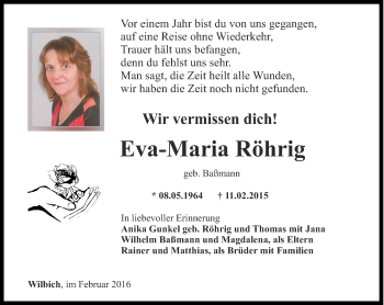 Traueranzeige von Eva-Maria Röhrig von Thüringer Allgemeine