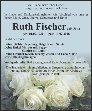 Traueranzeige von Ruth Fischer von Thüringer Allgemeine, Thüringische Landeszeitung