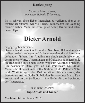 Traueranzeige von Dieter Arnold von Ostthüringer Zeitung, Thüringische Landeszeitung