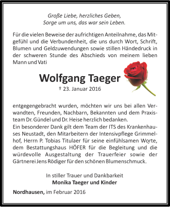 Traueranzeige von Wolfgang Taeger von Thüringer Allgemeine
