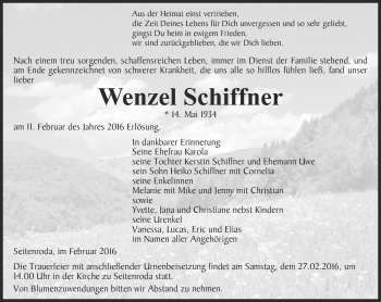 Traueranzeige von Wenzel Schiffner von Ostthüringer Zeitung, Thüringische Landeszeitung