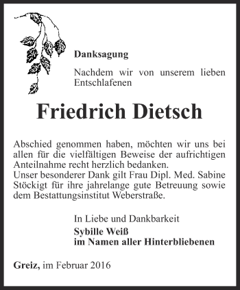 Traueranzeige von Friedrich Dietsch von Ostthüringer Zeitung