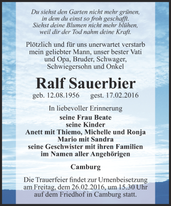 Traueranzeige von Ralf Sauerbier von Ostthüringer Zeitung, Thüringische Landeszeitung