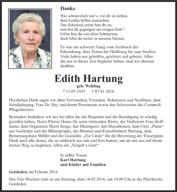 Traueranzeige von Edith Hartung von Thüringer Allgemeine