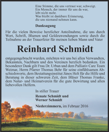 Traueranzeige von Reinhard Schmidt von Thüringer Allgemeine, Thüringische Landeszeitung