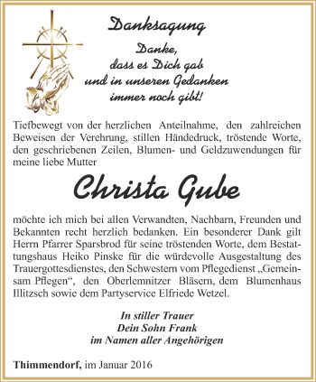 Traueranzeige von Christa Gube von Ostthüringer Zeitung