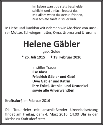 Traueranzeige von Helene Gäbler von Ostthüringer Zeitung