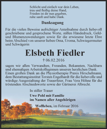 Traueranzeige von Elsbeth Fiedler von Thüringer Allgemeine