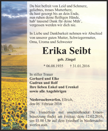 Traueranzeige von Erika Seibt von Thüringer Allgemeine