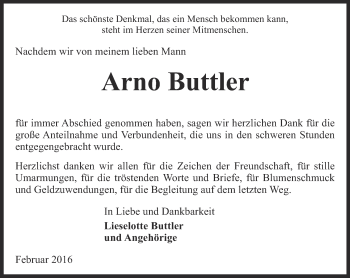 Traueranzeige von Arno Buttler von Ostthüringer Zeitung