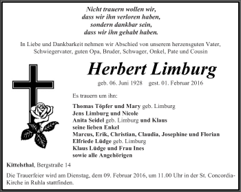 Traueranzeige von Herbert Limburg von Thüringer Allgemeine, Thüringische Landeszeitung