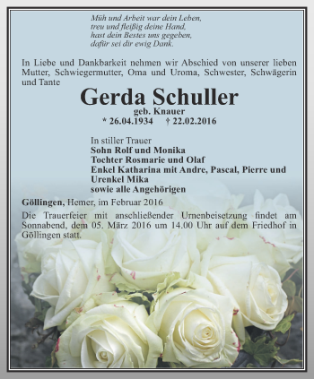 Traueranzeige von Gerda Schuller von Thüringer Allgemeine