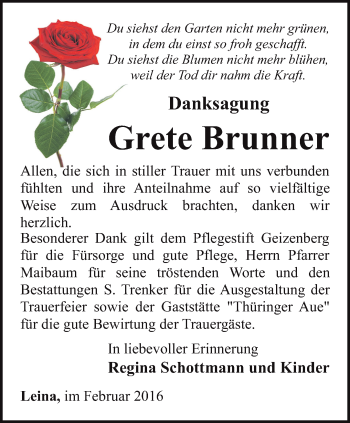 Traueranzeige von Grete Brunner von Ostthüringer Zeitung, Thüringische Landeszeitung