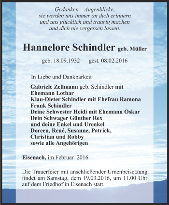 Traueranzeige von Hannelore Schindler von Thüringer Allgemeine, Thüringische Landeszeitung