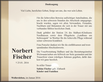 Traueranzeige von Norbert Fischer von Thüringer Allgemeine