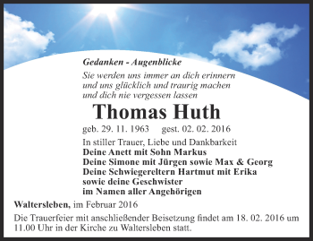 Traueranzeige von Thomas Huth von Thüringer Allgemeine, Thüringische Landeszeitung