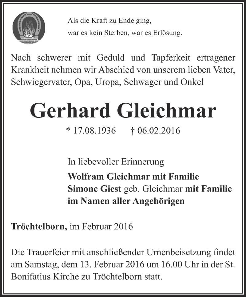  Traueranzeige für Gerhard Gleichmar vom 10.02.2016 aus Ostthüringer Zeitung, Thüringische Landeszeitung