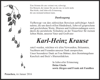 Traueranzeige von Karl-Heinz Krause von Ostthüringer Zeitung