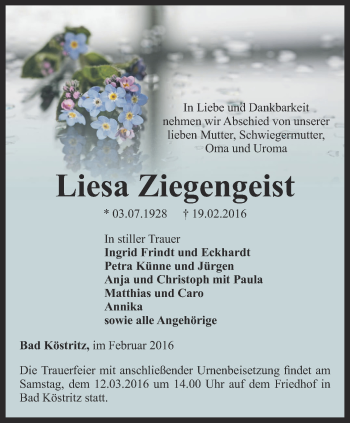 Traueranzeige von Liesa Ziegengeist von Ostthüringer Zeitung