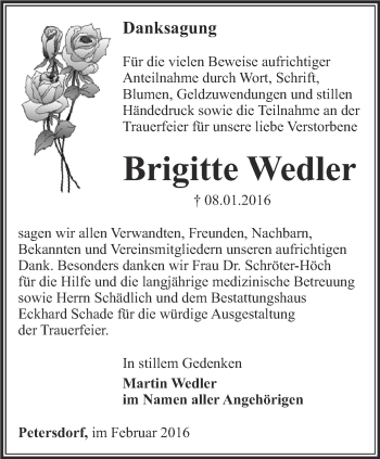 Traueranzeige von Brigitte Wedler von Thüringer Allgemeine