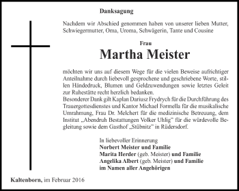 Traueranzeige von Martha Meister von Ostthüringer Zeitung