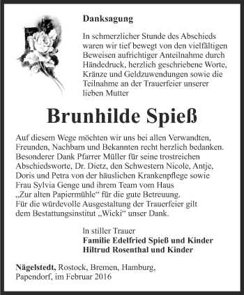 Traueranzeige von Brunhilde Spieß von Thüringer Allgemeine, Thüringische Landeszeitung