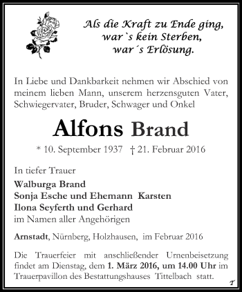 Traueranzeige von Alfons Brand von Thüringer Allgemeine