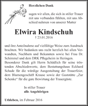 Traueranzeige von Elwira Kindschuh von Thüringer Allgemeine