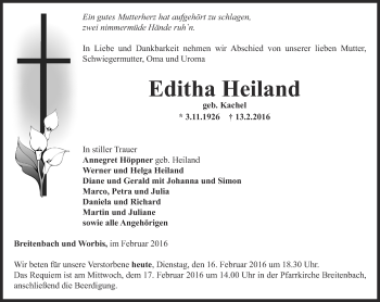 Traueranzeige von Editha Heiland von Thüringer Allgemeine