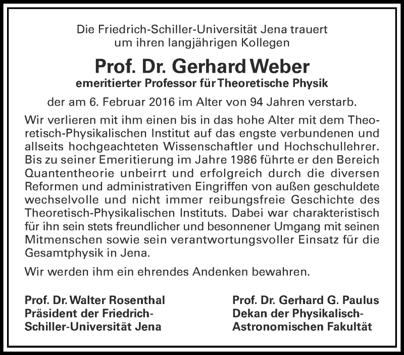  Traueranzeige für Gerhard Weber vom 29.02.2016 aus Ostthüringer Zeitung, Thüringische Landeszeitung