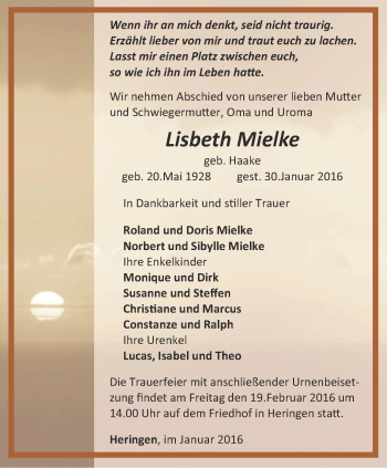 Traueranzeige von Lisbeth Mielke von Thüringer Allgemeine