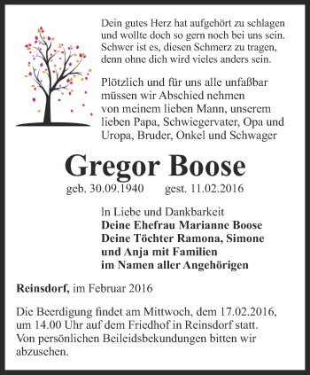 Traueranzeige von Gregor Boose von Thüringer Allgemeine