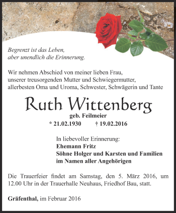 Traueranzeige von Ruth Wittenberg von Ostthüringer Zeitung