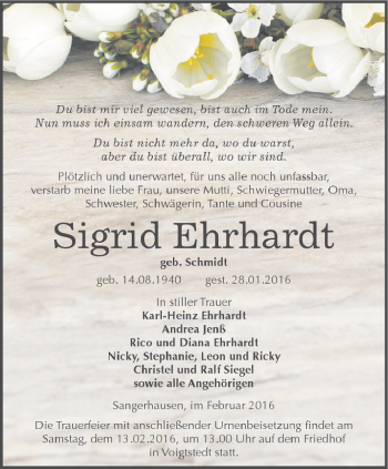 Traueranzeige von Sigrid Ehrhardt von Thüringer Allgemeine