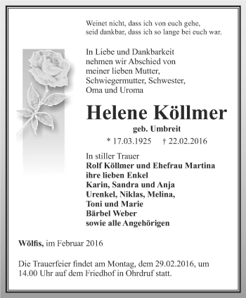 Traueranzeige von Helene Köllmer von Ostthüringer Zeitung, Thüringische Landeszeitung
