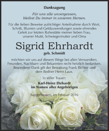 Traueranzeige von Sigrid Ehrhardt von Thüringer Allgemeine