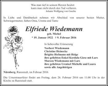 Traueranzeige von Elfriede Wiedemann von Thüringer Allgemeine, Thüringische Landeszeitung