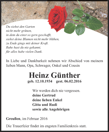 Traueranzeige von Heinz Günther von Thüringer Allgemeine
