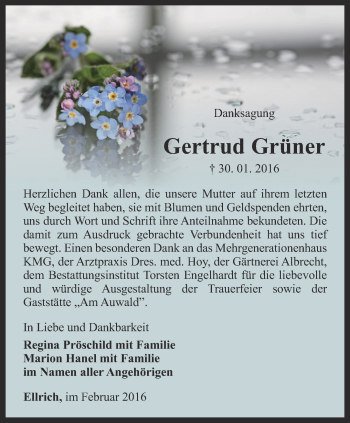 Traueranzeige von Gertrud Grüner von Thüringer Allgemeine