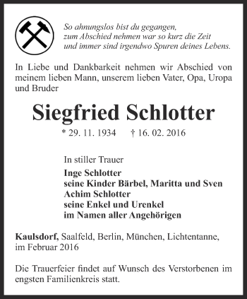 Traueranzeige von Siegfried Schlotter von Ostthüringer Zeitung