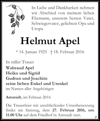 Traueranzeige von Helmut Apel von Thüringer Allgemeine