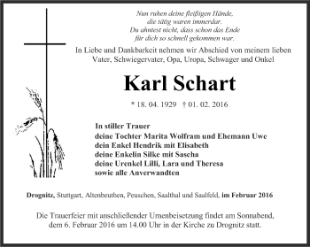 Traueranzeige von Karl Schart von Ostthüringer Zeitung