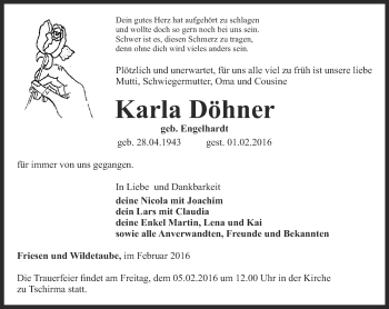 Traueranzeige von Karla Döhner von Ostthüringer Zeitung