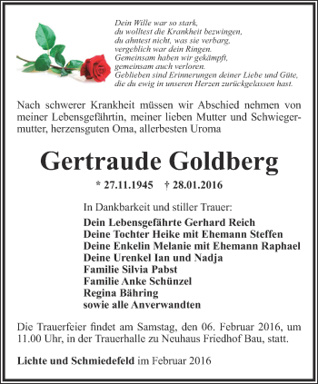 Traueranzeige von Gertraude Goldberg von Ostthüringer Zeitung