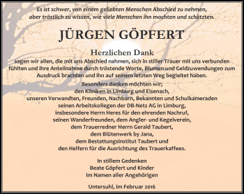 Traueranzeige von Jürgen Göpfert von Thüringer Allgemeine, Thüringische Landeszeitung