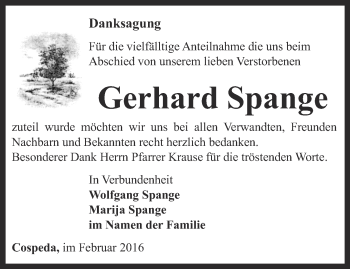 Traueranzeige von Gerhard Spange von Ostthüringer Zeitung, Thüringische Landeszeitung