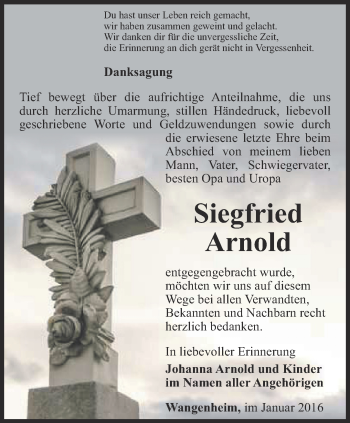 Traueranzeige von Siegfried Arnold von Ostthüringer Zeitung, Thüringische Landeszeitung