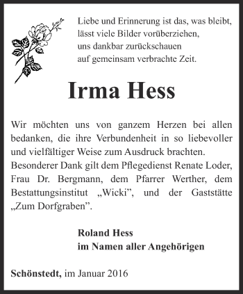 Traueranzeige von Irma Hess von Thüringer Allgemeine, Thüringische Landeszeitung