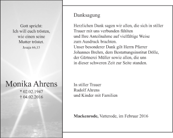 Traueranzeige von Monika Ahrens von Thüringer Allgemeine